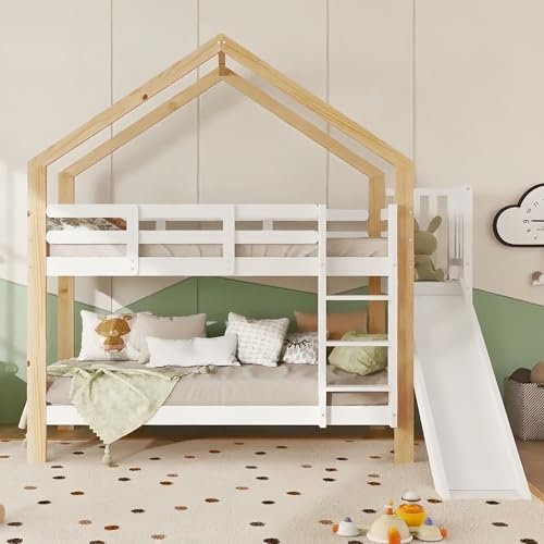 Seyakany Lit superposé Enfants avec Toboggan et échelle d'angle à Trois marches, lit cabane Enfants 90x200cm avec Protection antichute,Cadre de lit Enfant en Bois Massif,Blanc + Naturel (Blanc)