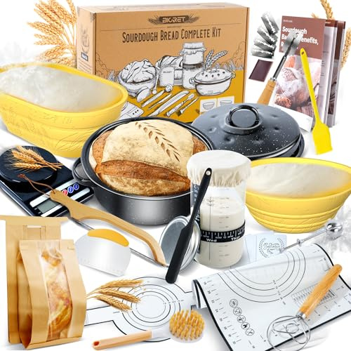 Sauerteig Brot Bakset mit hochwertigem Emaillepott und Gärkorb Brot Natur Roggenbrot Gärkor b Set Gärkorb Rund, Handgebacken Brotbackset, geeignet für Hobbybäcker und Sauerteig Brot Liebhaber (Gelb)