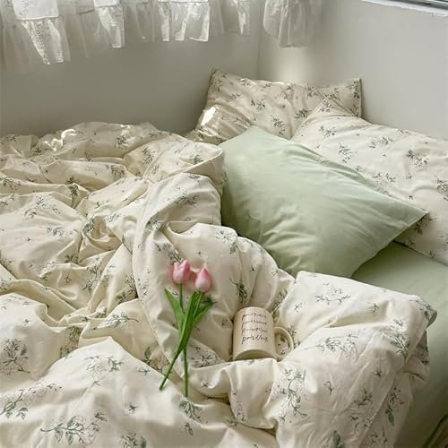 Freyamy Blumen Weiß Bettwäsche 135x200 4tlg,Chic Botanisches Aesthetic Floral,Grün Blätter Gewaschener Mikrofaser Bettwäsche-Set, 2 Bettbezug mit Reißverschluss und 2 Kissenbezüge 80x80cm