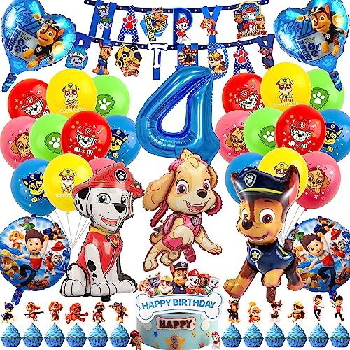 4rd Birthday Decorations Boy Girl, Dog Party Decorations Balloon Supplies Includes Happy Birthday Banner Cake Toppers Number Balloons for Boys Girls