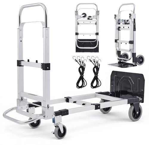 CREWORKS 2-in-1 Sackkarre Klappbar Aluminium Transportkarre Höhenverstellbar Plattformwagen mit Feststellbaren Schwenkrädern, 2 Gurten Tragkraft 270kg Handwagen Leicht Transportwagen für Transporte