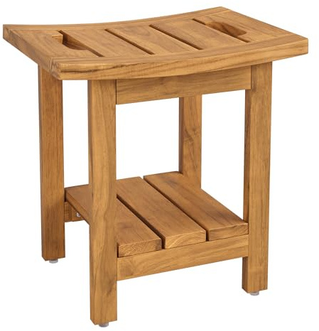 LUE BONA Duschhocker aus Massivem Teakholz, Quadratische Badebank aus Holz, Wasserdichter Badhocker für Dusche, Spa & Badezimmer, 39.9×29.5×41.4cm, Natürliches Teakholz