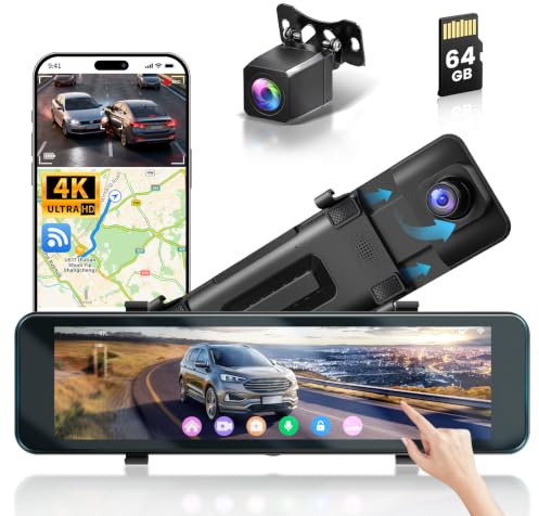 Hikity Espejo Retrovisor 10,8 Cámara 4K Delantera 1080P Trasera | WiFi Dashcam 2 Canales. GPS. USB-C. Pantalla Táctil. Grabación en Bucle. Visión Nocturna. Monitor Aparcamiento. 64GB