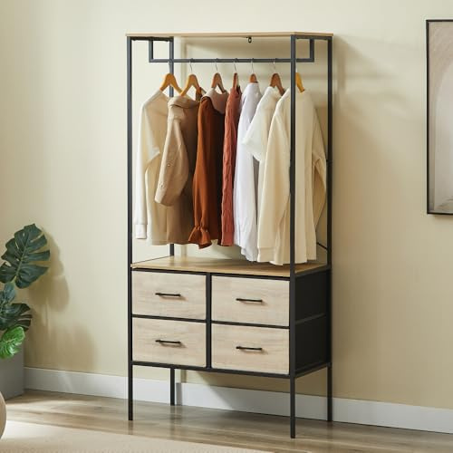 CASABEL Penderie Vêtements 4 Tiroirs en Tissu, Plateaux Bois et Métal Noir