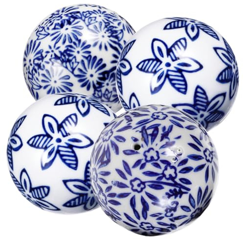 Mikikit Schwimmende Dekokugeln 4 Stück Keramik 4cm Blau Weiß mit Famille Rose Muster Aquarium und Teich Dekoration
