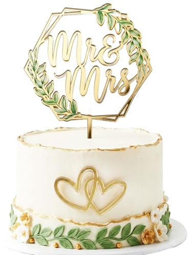COMOOKA Tortendeko Mr & Mrs Deko Hochzeit Cake Topper mit Eukalyptus Motiv | Mr und Mrs Tortenstecker mit Elegantes Hexagon Rahmen, Herzen Kuchendeko aus Acryl, Hochzeitstorte Deko, Tortendeko Hochzeit