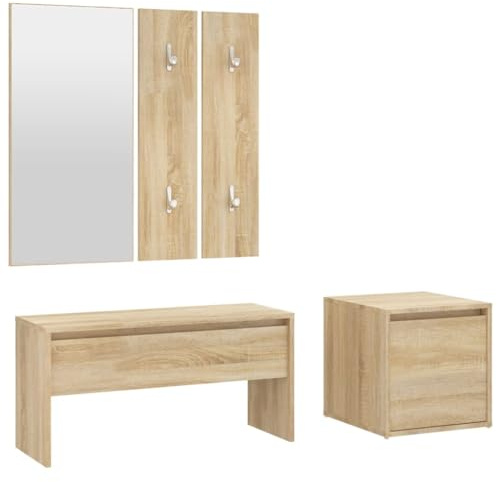 HFXHIJXQ Garderoben-Set Sonoma-Eiche aus Holzwerkstoff, 5-teiliges Flurmöbel-Set mit Flurbank, Garderobenpaneel, Spiegel und Box mit Schublade, Kompakt-Garderobe für Flur und Diele