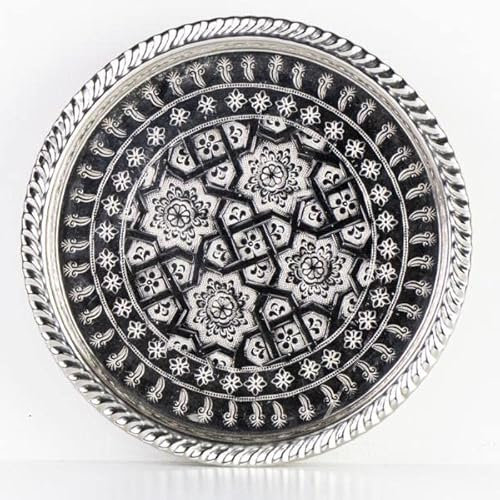 Saharashop Marokkanisches Teetablett FES Ø 32 cm Silber, Rundes Antik Tablett aus Messing, Orientalisches Teetablett, Serviertabletts Buffet, auch für Schmuck- und Make-up-Organizer-Kerzenteller