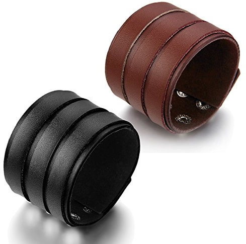 JewelryWe Schmuck 2 Leder Armbänder, Punk Rock Stil Niet breit Lederarmband Armreif für Herren Unisex, 22cm Schwarz Braun, mit Geschenk Tüte