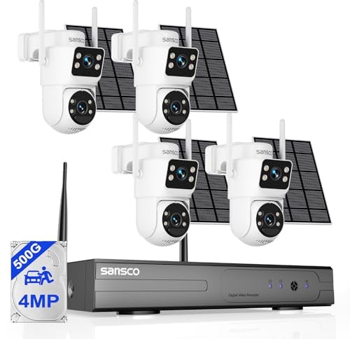 SANSCCO 4MP Dual Lens Solar Camera Wireless, CCTV Security Camera System | 10CH NVR 500GB Hard Drive, 4x PTZ Battery Powered Camera, 360° View, Human Detection, Colour Night Vision, 2-Way Audio