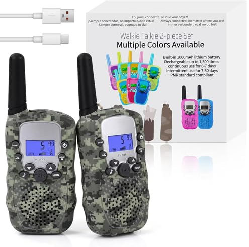 Funkprofi Walkie Talkie Set für Kids, T-388 Funkgerät für Kinder mit Wiederaufladbarer Akkus, Hobbyfunker 8 Kanal PMR 446 Reichweite bis 2 - 3 km (2er-Set) Tarnfarbe