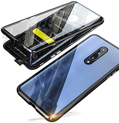 Hülle für OnePlus 7T Pro, Magnetische Adsorption Metall Stoßstange Flip Cover mit 360 Grad Schutz Doppelte Seiten Transparent Gehärtetes Glas Handyhülle für OnePlus 7T Pro