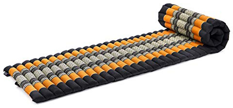 Leewadee - Foldable Floor Mattress - Japanese Roll Up Futon -Trifold Tatami Mat- Guest Floor Bed - Camping Mattress - Thai Massage Mat, Kapok Filled, 190 x 50 cm, Black Orange