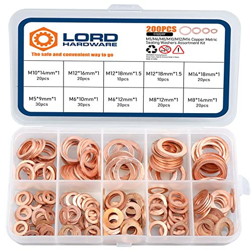 200 arandelas de sellado métricas de cobre surtido, kit de arandelas planas M5 M6 M8 M10 M12 M14 (9 tamaños)