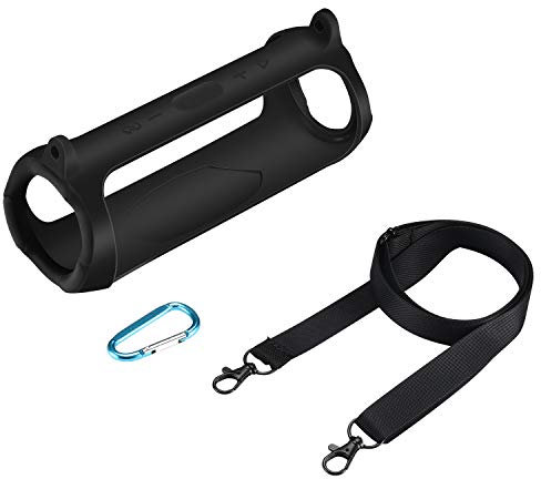 JBL Charge 5 Silikonhülle, Schutzhülle mit Schultergurt und Karabiner für JBL Charge 5, tragbare Reisetasche (Schwarz)