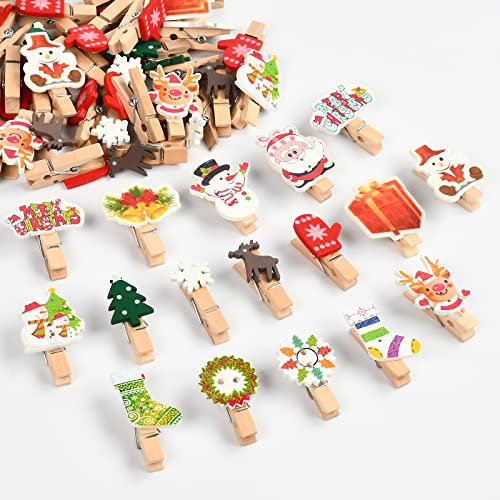 KATELUO 50 Pièces Mini Pince en Bois Photo Clip de Noël, Clips de Photo d'arbre de Noël, Pinces à Linge en Bois de Noël, Utilisé pour Noël, Murs de Photos, Cartes Postales, Sacs en Papier