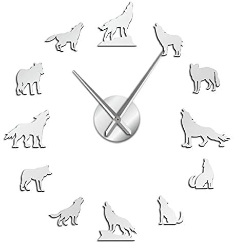 Orologio da parete Different Wolf Pose Orologio da parete fai da te Modern Howling Wolf Orologio da parete senza cornice Orologio da parete con specchio gigante 3D