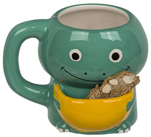 MIJOMA Coffee Mug Tea Cup with Biscuit Compartment, Biscuit Cup, Cookie Cuddlers Handle Cup with Biscuit Tray 400 ml Ceramic (Dinosaur)