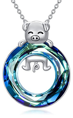 Flpruy Schwein Geschenk, Schweinchen Kette 925 Sterling Silber Tier Anhänger mit Blau Österreichischer Kristall, Ferkel Halskette Tier Schmuck Geburtstag Geschenke für Mutter Frauen Mädchen Tochter