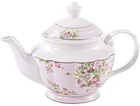 Pulchritudie Pink Azalea Porcelain English Teapot, Coffee Pot, Golden Rim, Light Weight, 37 Oz