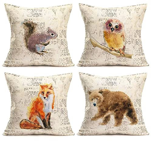 Coussin Animaux La Forêt Motif Lot de 4, Extérieur Housse Coussin 70x70cm Double Face Lin Coussin, pour Canapé/Patio/Ferme/Jardin/Salon/Salle/Décoration Cadeau avec Fermeture éclair Cachée