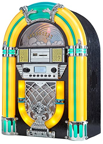 Arkrocket Athena Mini Jukebox Lecteur CD de Table Haut-Parleur Bluetooth Radio USB Lecteur de Carte SD avec système d'éclairage LED rétro