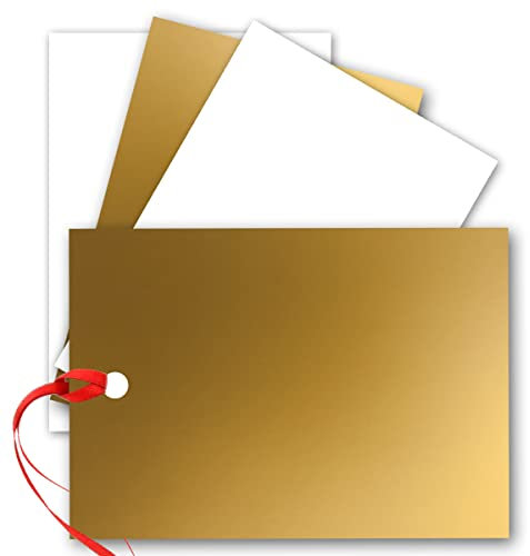 500x Einzelkarten Din A7 10,5x7,3 cm 240 g/m² Gold Metallic mit Loch und rotem Band - Flaschenanhänger blanko Mini-Karten ideal zum Selbstgestalten für Geschenkanhänger & als Anhängeetikett