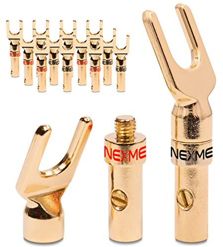 NEXMEX High End Kabelschuhe 14 Stück (7-Paar) Gabelschuhe Y-Anschluss für Kabel bis 6mm² 24K vergoldet löt- oder schraubbar für Lautsprecherkabel HiFi-Boxen Verstärker Endstufen Steckverbinder
