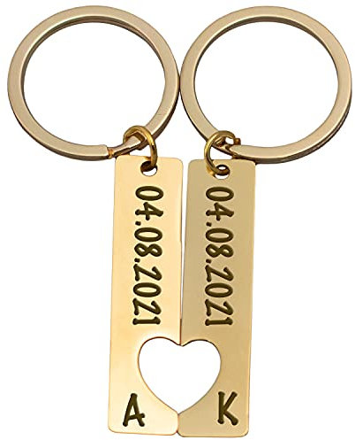 Partner Schlüsselanhänger Personalisiert | 2er Set mit Gravur Datum und Namen | Geschenk zum Jahrestag Valentinstag Geburtstag für ihn und sie | Anhänger mit Herz Männer und Frauen | Gold
