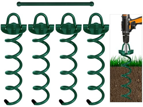 FEED GARDEN 12.2 Inch Spiral Ground Anchors Heavy Duty Screw in Spiral Stakes 4 Pack Folding Ring Ground Stakes for Securing Dogs,Tents, Trampolines, Canopies, Swing Sets,Green