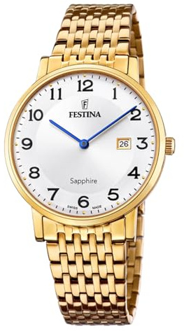 Festina Swiss Made Herrenuhr Analog aus Edelstahl 316l Goldfarben | Quarzwerk, Kalender, Widerstandsfähiges Saphirglas, Wasserdicht 5 ATM F20020/4 Classic Steel