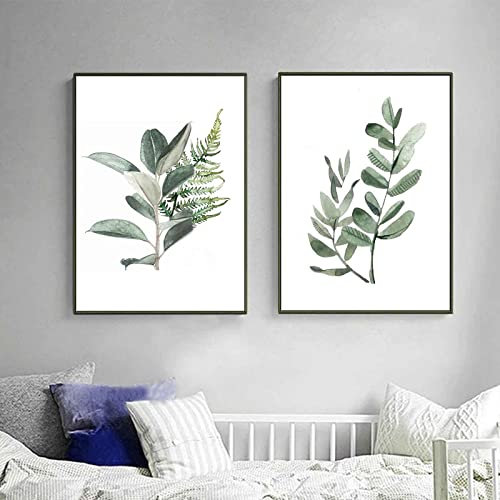 Set di 2 poster vegetali verdi da parete con foglie, poster in tela naturale, immagini moderne, decorazione da parete per il soggiorno, senza cornice (40 x 50 cm)