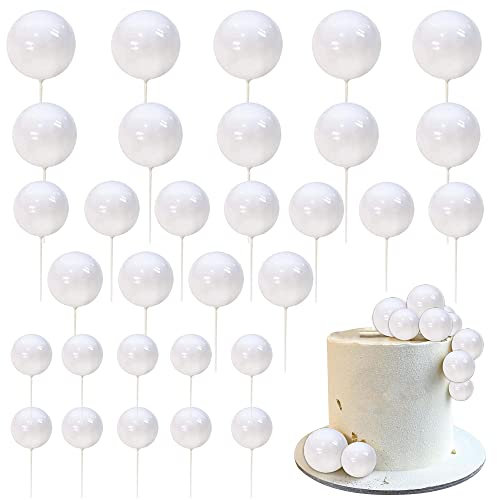 SYKYCTCY 24 PCS Ball Cake Toppers Balls Cake Picks Foam Ball Shaped Cupcake Toppers Mini Balloons Cake Decorations for Wedding Enaggement Bridal Shower Birthday Party Supplies White