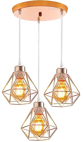 TOKIUS Lustre Suspension 3 lampes Industrielle Luminaire Plafonniere E27 Vintage Plafond Abat-jour Rétro Design Métal Cage Ø160mm éclairage de plafond Cuisine Salon,Cuivré (3 lampes-base ronde)