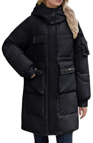 WILMOT Damen Daunenjacke Lang Pufferjacke Verdickter Kapuzenmantel Damen Winterjacke Casual Wintermantel Vegan mit Reißverschluss Mode(Black,XXL)