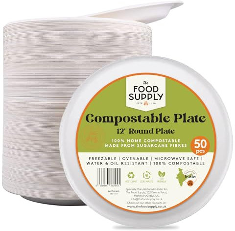 The Food Supply Strong Paper Plates, Disposable Plates, Compostable & Biodegradeable Plates - Super Rigid - Extra Strength - Premium Eco-Friendly Sugarcane (Round Plates, 12 inch - 50pcs)