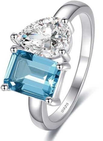 Yaresul Toi Et Moi Ring 925 Sterling Silber Frauen Verlobungsring Weißgold plattiert 1.5ct 6x8mm Doppelstein Ring Smaragd & Birne Aquamarin Schliff Ehering Größe 49.3(15.7)