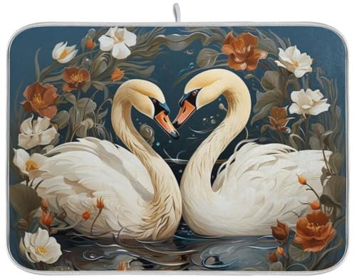 Dish Drying Mats for Kitchen Counter, Large Microfiber Dish Drying Mat 40x45 Swan and Flowers Sink Drainer Absorbent Coffee Machine Protector Mat