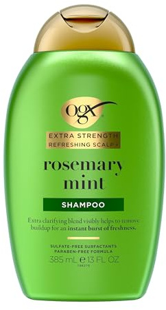 OGX Extra Strength Refreshing Scalp + Rosemary Mint Shampoo, Clarifying Shampoo for Oily Hair Visibly Helps Remove Oil & Residue to Clear Away Buildup, Sulfate-Free Surfactants, 13 fl. oz