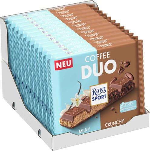 Ritter Sport Coffee Duo, große Tafel Vollmilchschokolade mit Milky Macchiato- & Crunchy Coffee-Füllung, ideal für Kinder & Erwachsene, perfekt zum Naschen und Genießen, Geschenkidee, 12 x 218 g