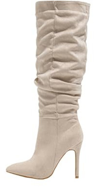 Stivali Alti Fino al Ginocchio in Finta Pelle Scamosciata con Tacco a Spillo e Dita a Punta da Donna, Stivali Alti Sexy con Tacco Alto, Stivali Invernali alla Moda con Tacco Largo,Beige,40 EU