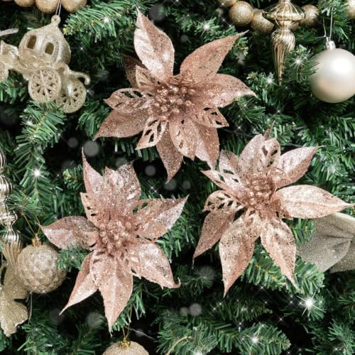 Melody Maison Set Of 3 Pink Glitter Poinsettia Picks - 24cm