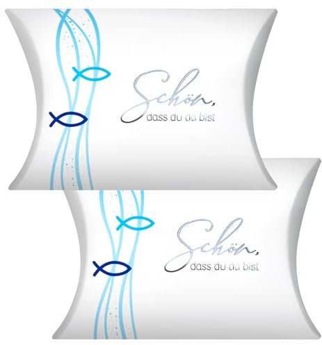 BETESSIN Gastgeschenke Kommunion - Schön dass du da bist - 50 Stück Kleine Kissenschachteln mit christlichen Motiven - Geschenkboxen Konfirmation - Gastgeschenke Verpackung für Taufe, Firmung