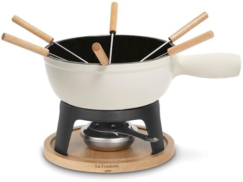 La Fonderie 1890 Fondue-Set aus Gusseisen für 6 Personen Mont Blanc, Käse- und Schokoladenfondues, 6 Gabeln mit Buchenholzgriffen, Sockel aus Naturholz, Kapazität 1,8L