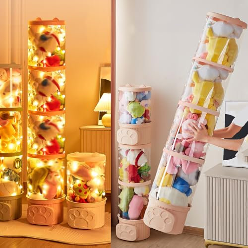 simdennr Transparent Stuffed Animal Storage with Light, Stuffed Animal Storage Tube, Cute Doll Storage Organizer, Plush animal Display Tube, for Playroom Bedroom Home Decor (pink)