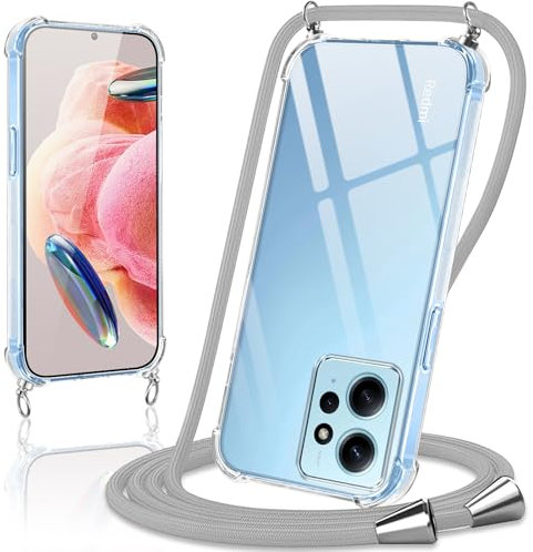 Coiwxmoi Funda con Cuerda para Xiaomi Redmi Note 12 4G 6,67,Carcasa Transparente Suave Silicona TPU Case con Ajustable Colgante Collar Correa de Cuello Cadena Cordón Protección Cover, Gris Claro