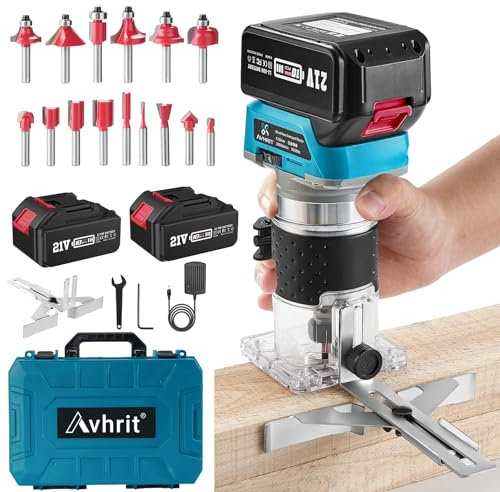 Avhrit Cordless Compact Wood Palm Router, 21V Wood Router Tool with 2PCS 4.0Ah Batteries, Brushless Power Hand Palm Routers for Woodworking, Wood Trimmer Cutting with 15 Pieces 1/4 Router Bits Set