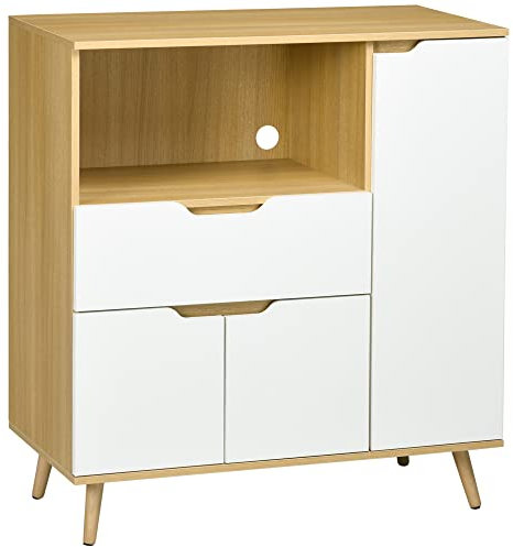 HOMCOM Meuble Micro Onde, Buffet Cuisine avec placards tiroir étagère réglable, Meuble Micro Ondes Cuisine Rangement pour Salle à Manger, Salon, 90 x 40 x 98,5 cm Naturel et Blanc