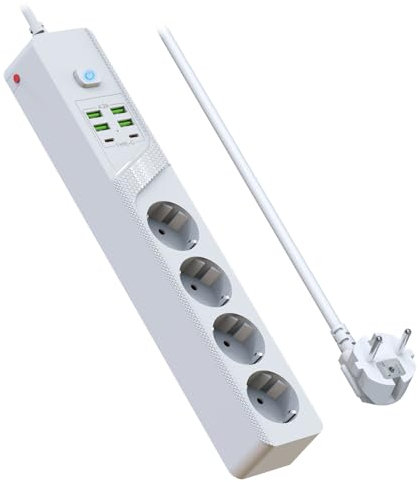 BOCHLION Multiprise USB, 4 Prises Multiprise avec Interrupteur, Prise Multiple avec 4 Ports USB A+2 Ports USB C, Bloc Multiprise Parafoudre Multiprises Murale avec Cable 1.8m pour Bureau Maison-Noir
