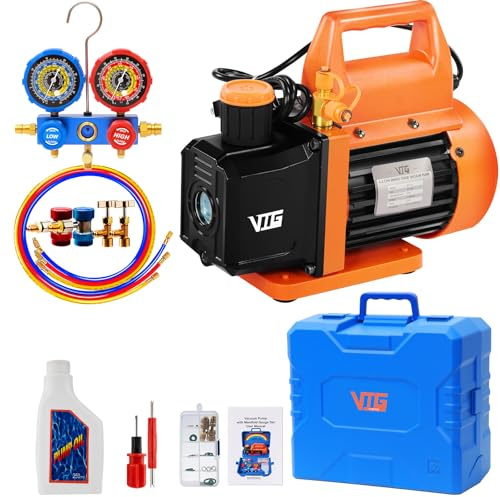 VTG VOGTEN Juego de bomba de vacío y manómetro de CA de 4.5 CFM, para | Kit de bomba de vacío de CA de 4.5 CFM para sistemas Mini Split/HVAC/Auto, con 3 mangueras, caja de almacenamiento triple
